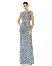NWT Mac Duggal Sequined Embellished Neckline Gown Slate Blue Size 12