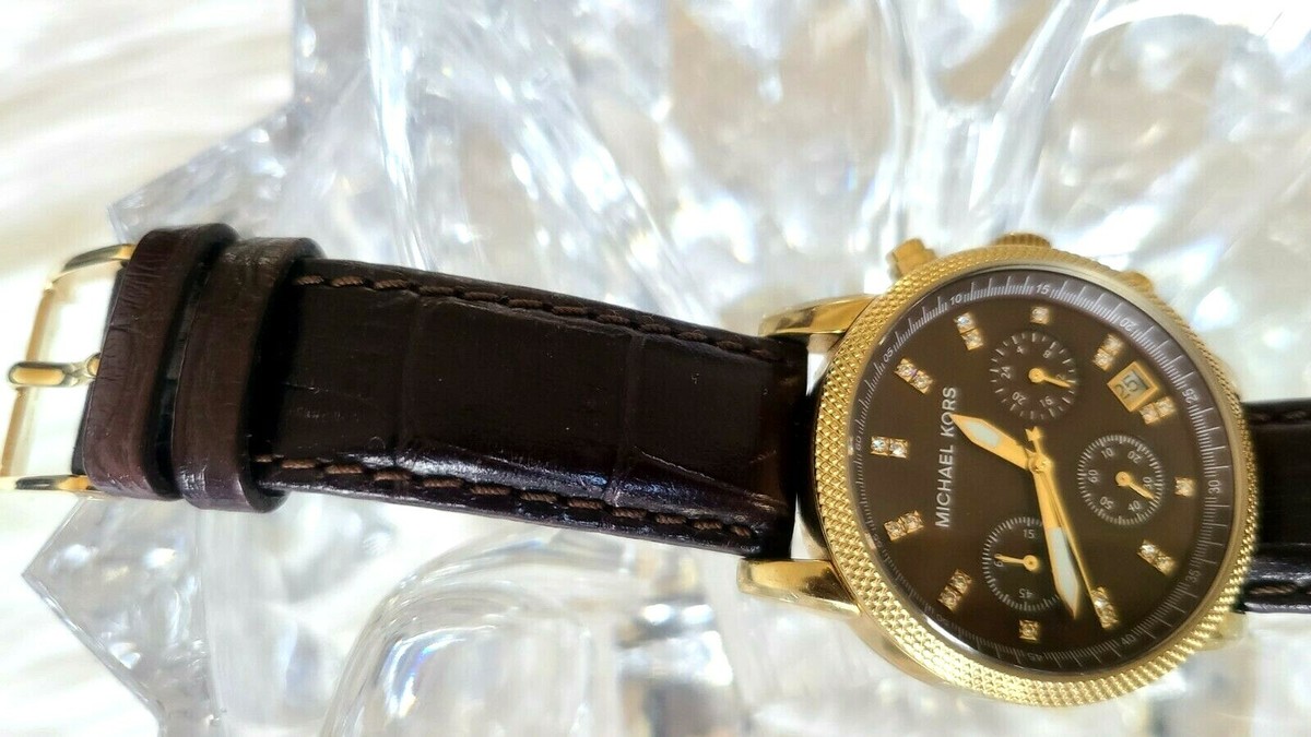 MICHAEL KORS GOLD TONE,BROWN CROC LEATHER BAND,CRYSTAL 