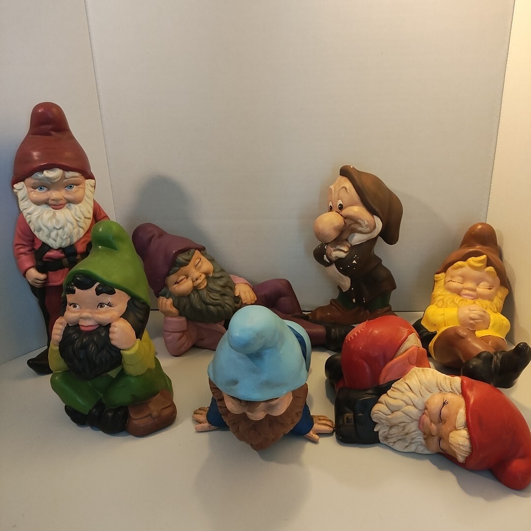 Vintage 1970's Garden Gnomes 7 Piece Hand-Painted Ceramic Standing