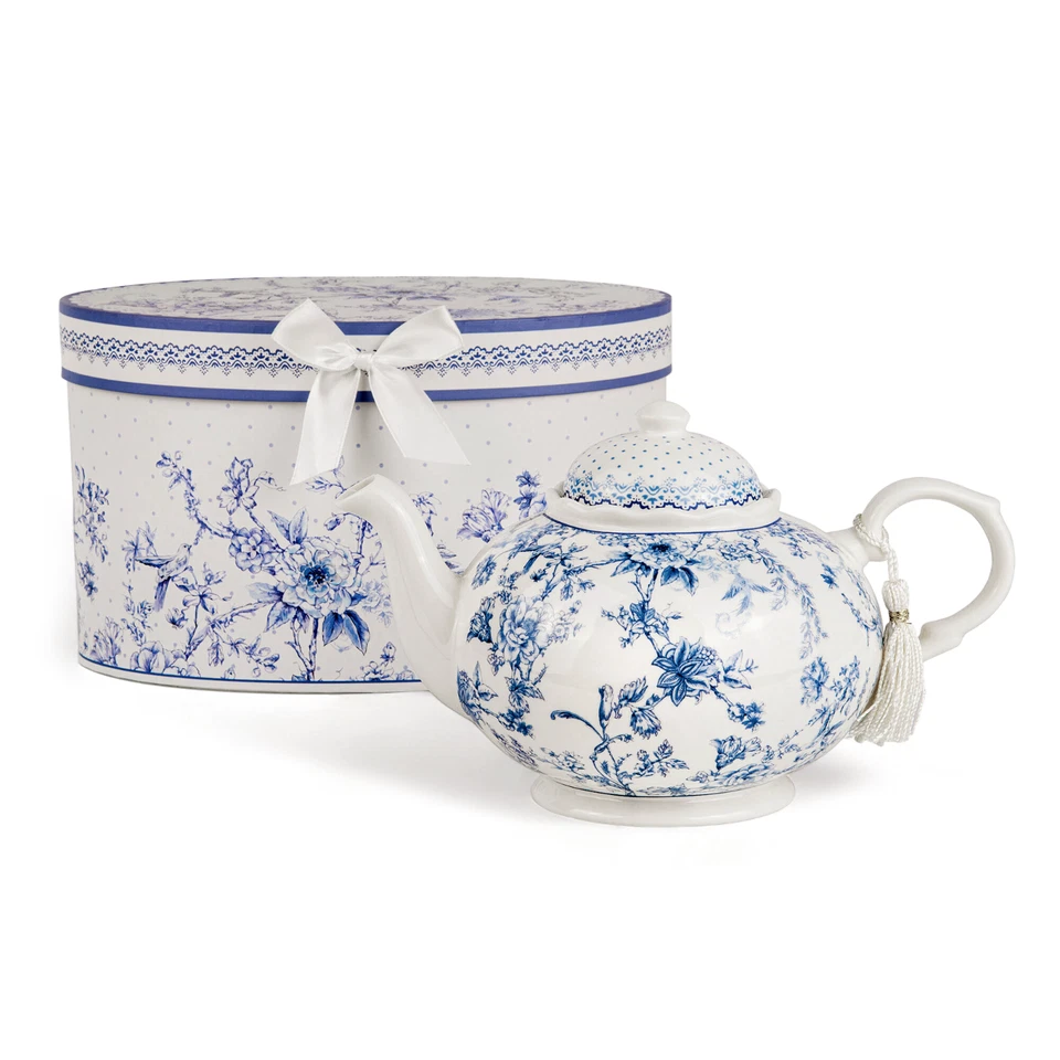1-qt Blue Flowers Bone China Teapot in Gift Box Blue and White Porcelain Tea Pot - Image 2 of 4