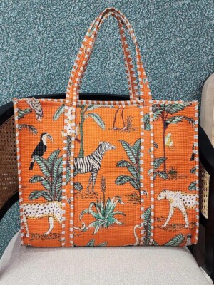 Indian Orange Tiger Printed Quilted Shoulder Bag Women's Beach Cotton Handbag US