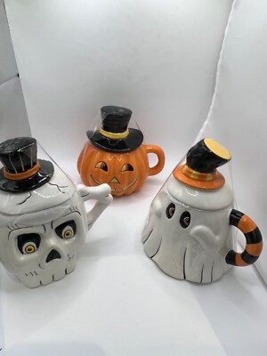 Shely Corniskey Large Halloween Mug Skeleton Pumpkin Ghost Candy Jar Set