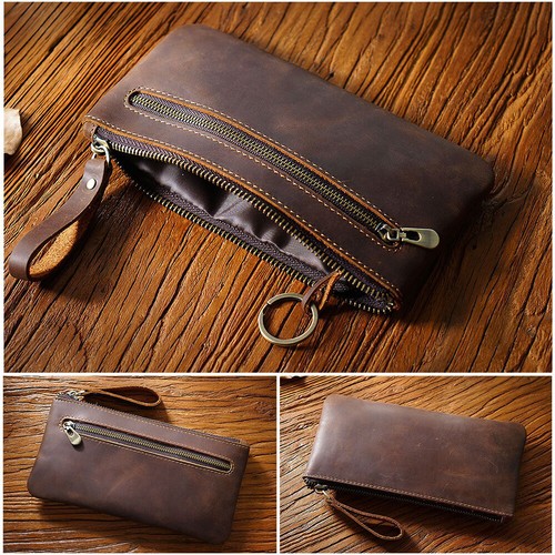Handmade Genuine Leather Zipper Pencil Case School Office Stationery Storage Bag - Picture 9 of 18