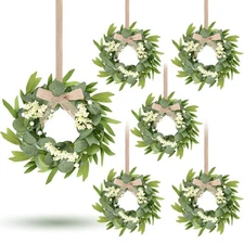 6 Pcs Green Artificial Eucalyptus Swag Wreaths Spring Summer Wreath with Whit...