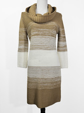 London Times Sweater Dress Size Med Women's Tan Striped Cowl Neck 3/4 Sleeves