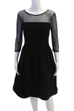 Adrianna Papell Womens Round Neck Long Sleeve Ruched Skater Dress Black Size 4