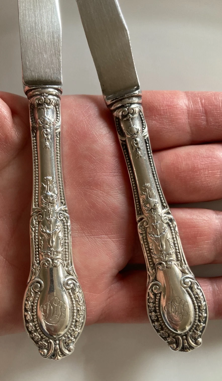 2 Antique Sterling Silver Fruit Knifes Wallace 66g Non-Serrated Blade 6 7/8" lot