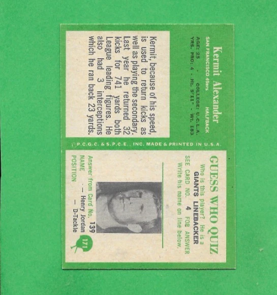 1966 PHILADELPHIA #171 KERMIT ALEXANDER 49ERS NM-MINT - Image 2 of 2