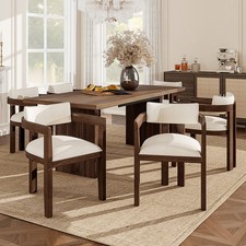 Dining Chairs Set of 6 w/ Linen Padded Seat, Armrest, Solid Wood Frame, Dark Oak