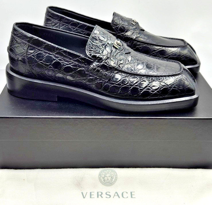 Versace Men's Croc Embossed Black Leather Loafers Shoes EU43 US10 thumbnail 2