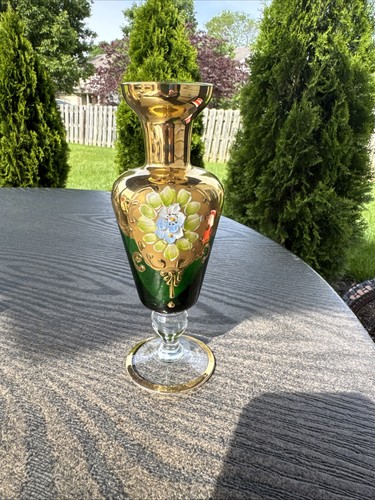 Bohemian Green Gold Hand Painted Raised Flower Art Glass Vase Ornate Vintage