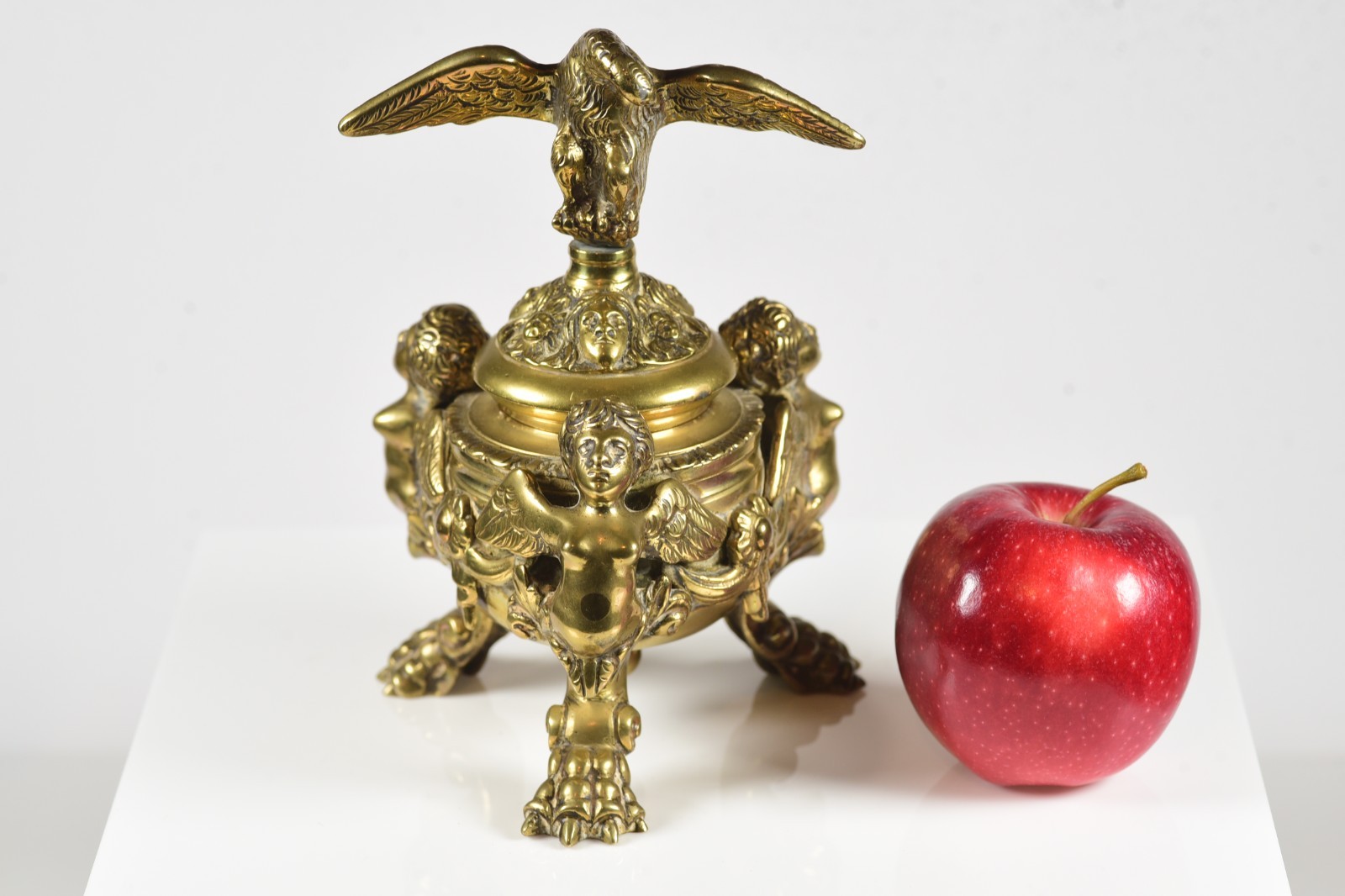 Antique French Gilded Bronze Desk Inkwell Napoleon III Eagle Putti on Eagle Feet