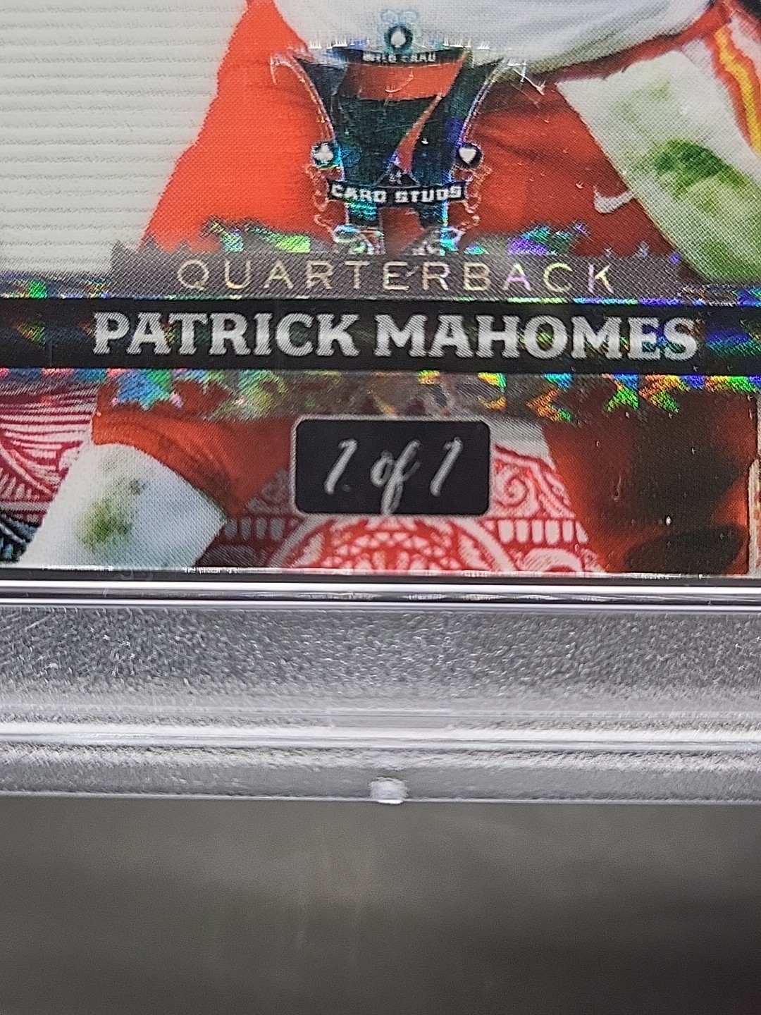 2024 Wild Card 7 Card Stud - Patrick Mahomes #PM Jokers Wild Red Prism #1/1 PSA9 view 3