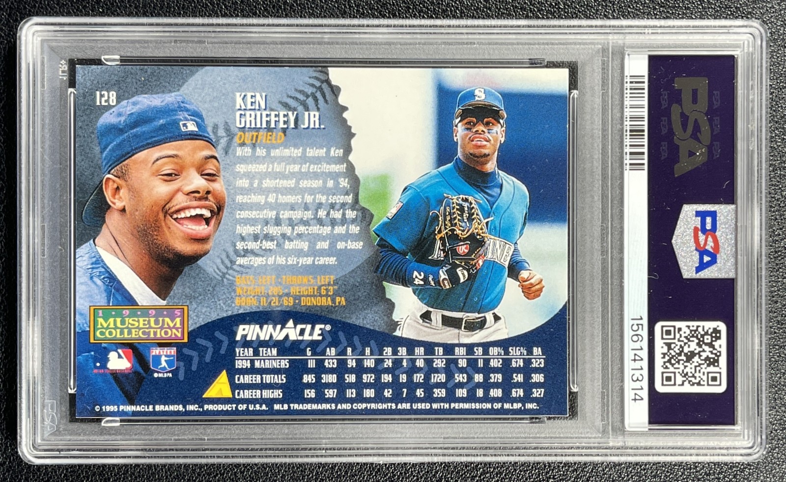 KEN GRIFFEY JR. PSA 8 1995 PINNACLE #128 MUSEUM COLL MARINERS 1314 view 2