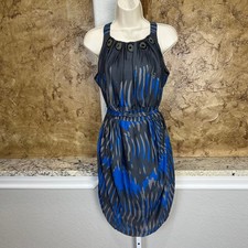 Eva Franco Cocktail Dress 6 Blue Gray Abstract Belted Embellished Anthropologie