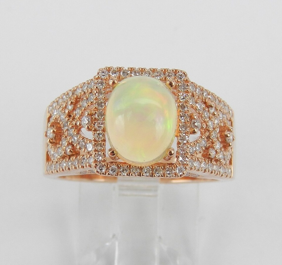 10K Rose Gold Natural Opal & Lab Grown Diamond Engagement Ring size 7 ...