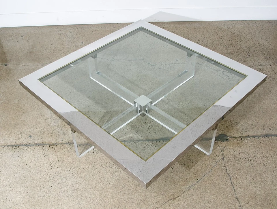 Mid Century Modern Coffee Table Square Large Chrome Glass Sandro Petti Lucite - Image 4 of 4