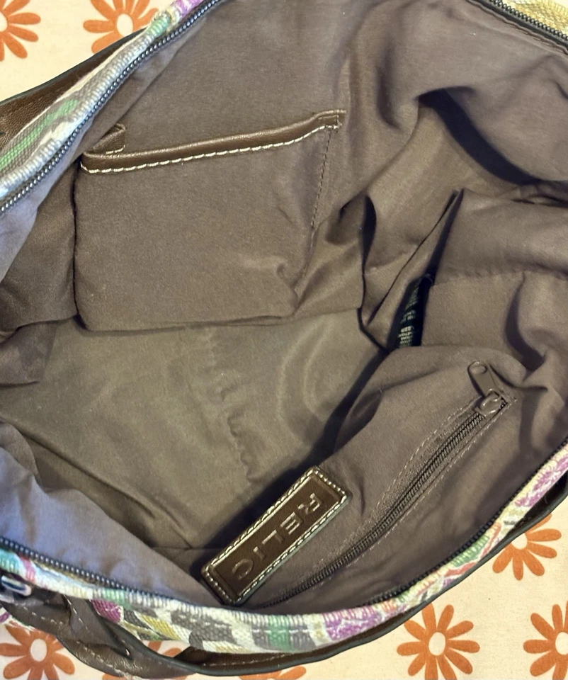 Women’s Relic Canvas Handbag Multi Colored Boho Leather Straps 12x9x5” Handle 5” - Image 4 of 4