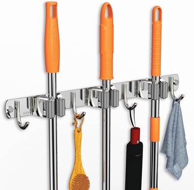 Mop Broom Holder Wall Mount Organizer Rack 3 Slots 4 Hooks Steel Garage Kitchen