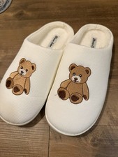 Moon Cake Bear Embroidered Slip-On Slippers White Brown