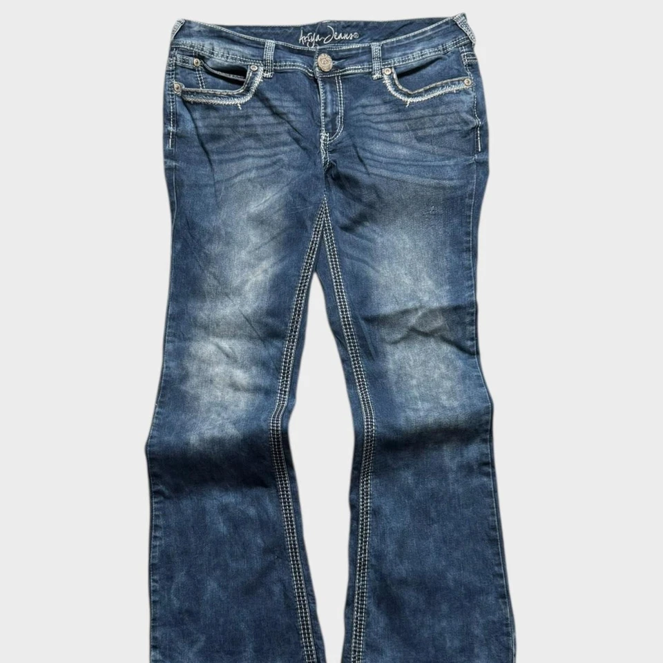 Pantalones de mezclilla vintage Ariya bordados Y2K para mujer ajuste súper holgado corte bootcut 36x32 Foto 4 de 4