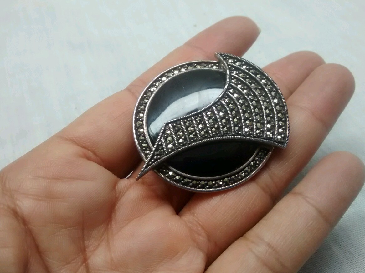 Elegant Marquisite  Blue, Black Onyx  and Silver tone  pins Onyx Marcasite Pin - Etsy main image 4