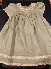 Vintage Goodlad Girls Linen Mint Dress with Roses and Lace Trim Size 2T
