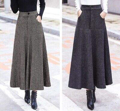 FashionWomen High Waist Wool Long A Line Skirt Winter Ladies