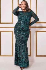 Goddiva Sequin Mesh Embroidered Emerald Maxi Evening Party Prom Dress Size UK 22