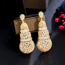 Dubai Yellow Gold Plated Cubic Zirconia Crystal Long Heavy Drop Dangle Earrings 