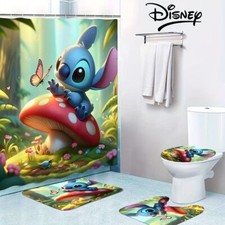 Stitch Cartoon Shower Curtain Set, Disney Cartoon Toilet Seat Cover Set