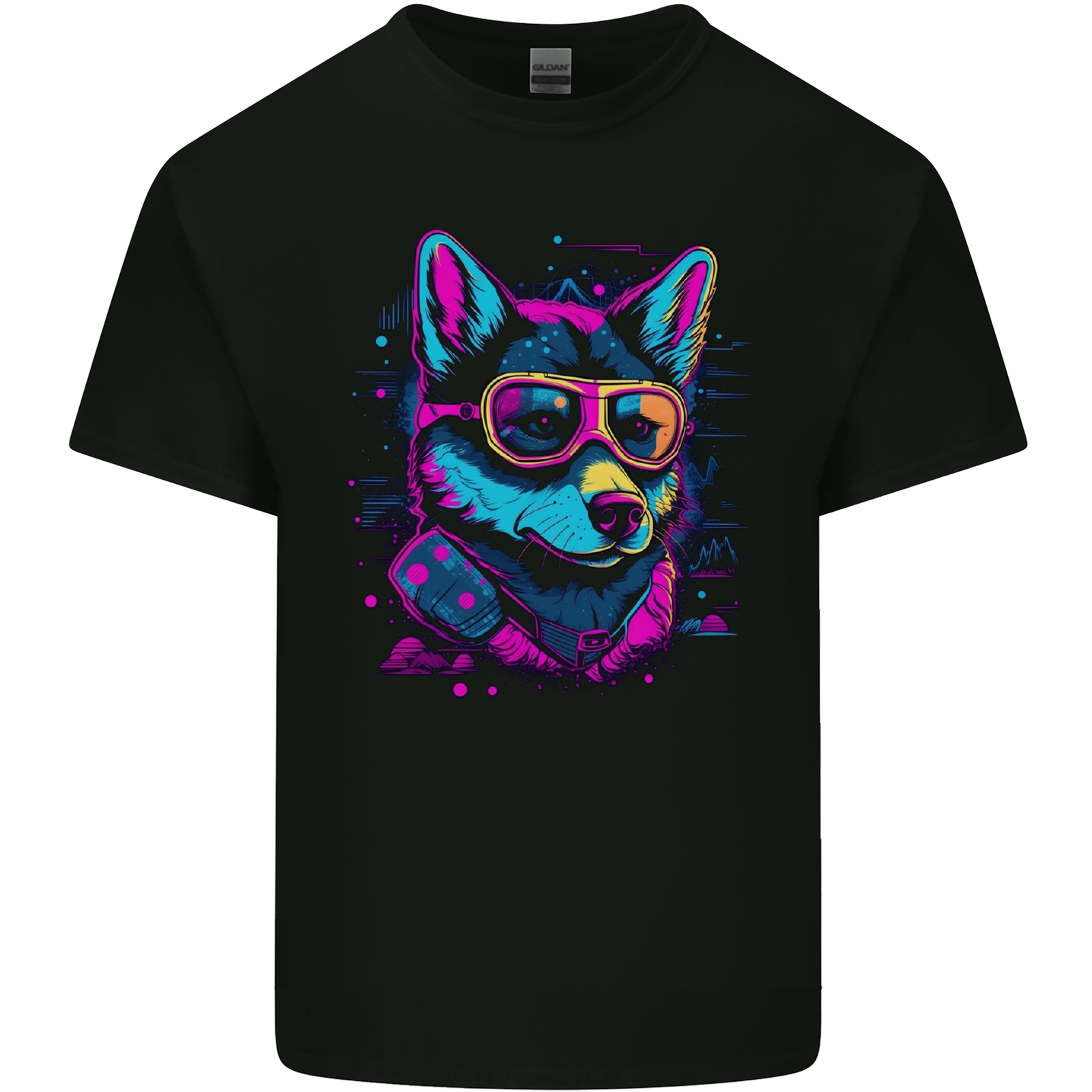 A Retrowave Husky Dog Mens Cotton T-Shirt Tee Top