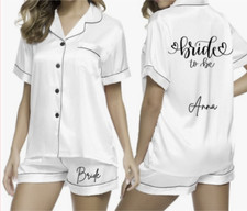 WEDDING BRIDAL PERSONALISED SATIN PYJAMA SHORT SET XS-XXL WHITE OR PINK