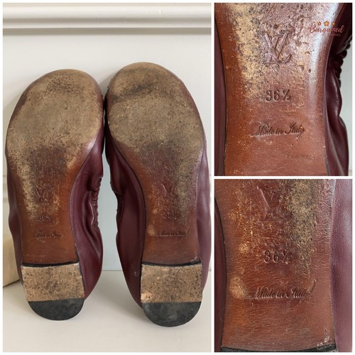 Authentic Louis Vuitton Maroon Leather Reptile Toe Bow Scrunch Ballet Flats 36.5 - Picture 6 of 10