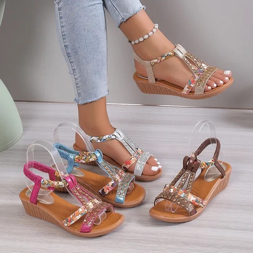 Women's Summer Wedge Sandals | Bohemia Rhinestones | Plus Size | Peep Toe
