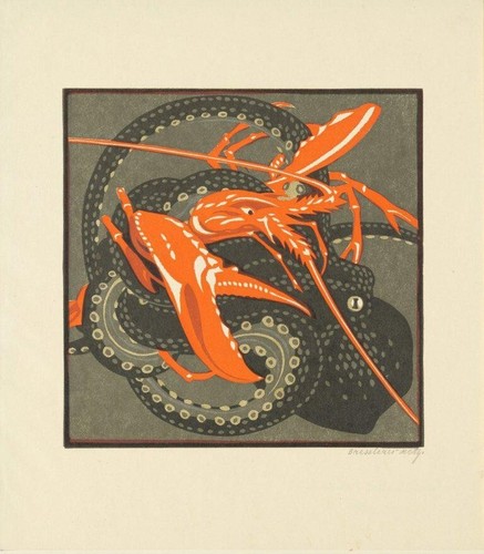 Lobster and Octopus Norbertine Bresslern-Roth 1923 Linocut Marine Animal Art - Picture 2 of 2