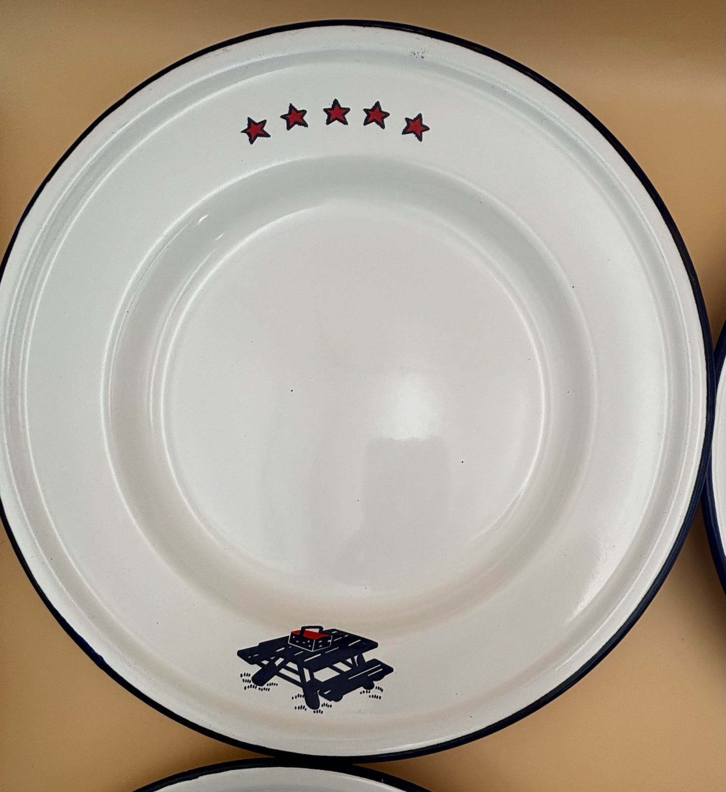 Vintage 1960s Taipro Blue Enamelware Plates Set of 4 Picnic Table Stars American
