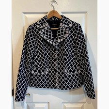 Talbots Cotton Geometric Diamond Pattern Blazer Navy White Office Chic Size 6