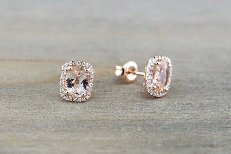 1.7ct Natural Peach Morganite Natural & Diamond Halo Earring 14k Solid Rose Gold - Image 2 of 4