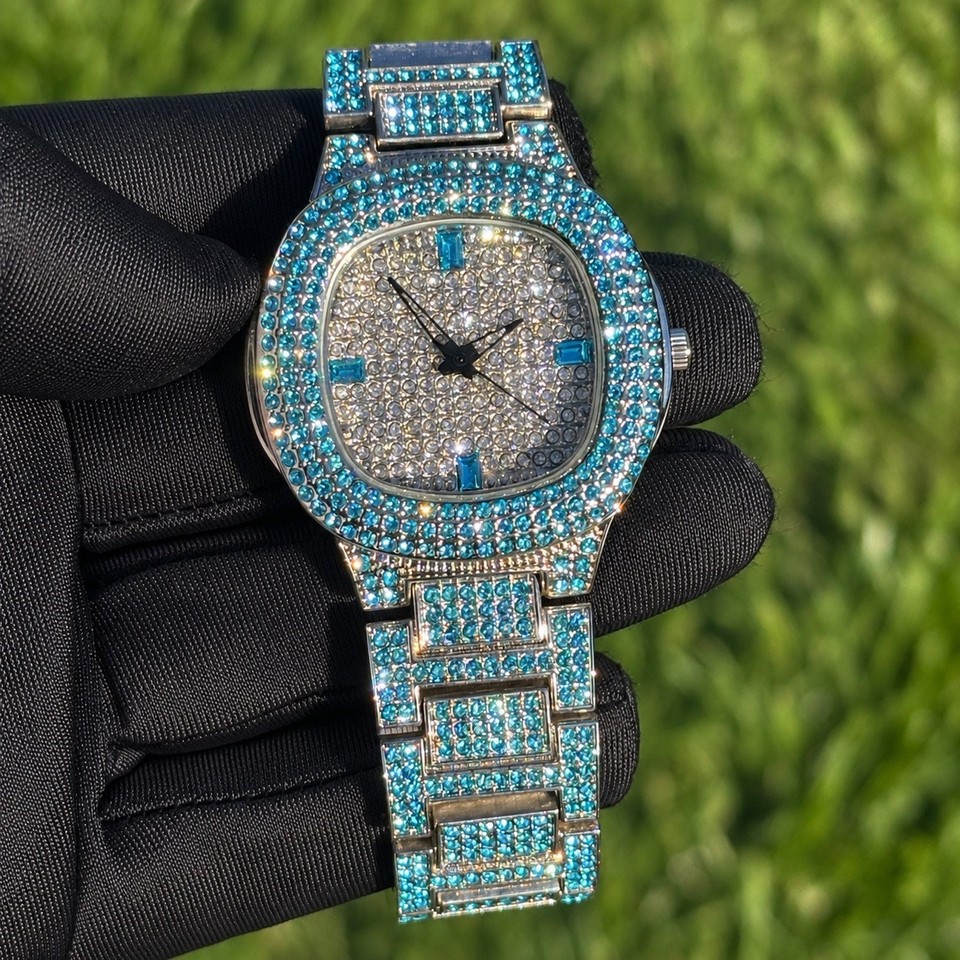 VVS Square Dial Iced Out Diamond Watch 36mm Hip Hop Watch Silver/Blue ...