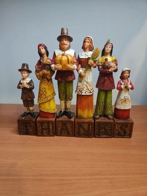 Set Of 6 Wood Hand Painted Pilgrim Thanksgiving Figures Spell The Word THANKS 
