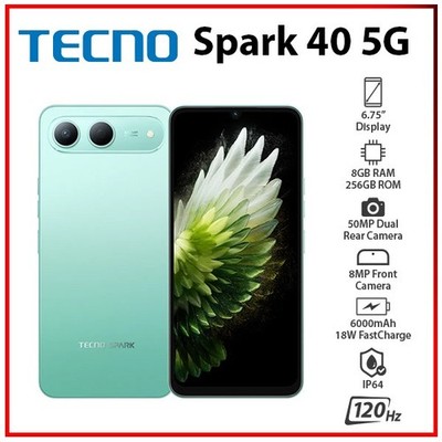 (New) TECNO Spark 40 5G 8GB+256GB GREEN Dual SIM Unlocked Android Mobile Phone