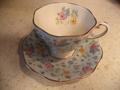 Foley China - England #V2336 Pale Blue~ Gold Trim ~ Flowers 1950s Saucer &Teacup