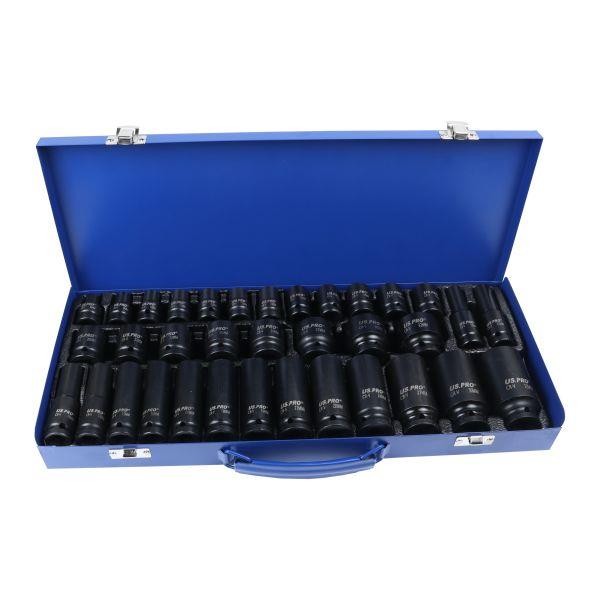 US PRO Tools 35pc 1/2"" Dr 6pt Deep & Shallow Impact Socket Set 8-32mm Metal Case