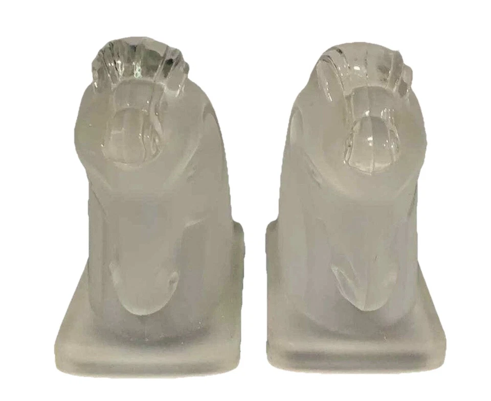 Par de sujetalibros Art Deco de vidrio esmerilado transparente cabeza de caballo estatuilla ecuestre Foto 4 de 4