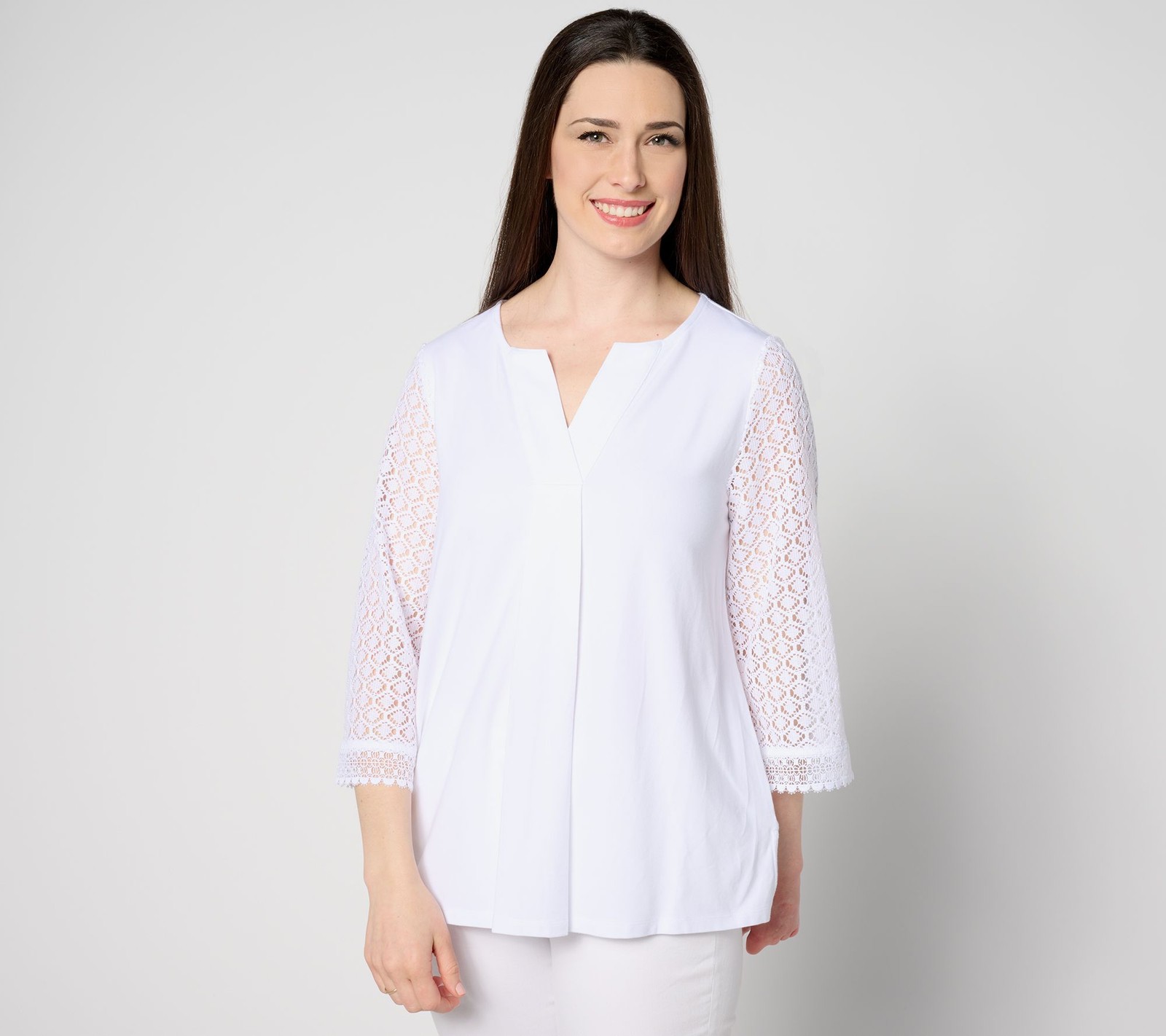 Isaac Mizrahi Live! Women's Top Plus Sz 2X Split Neck Sleeve Pleat White A647684