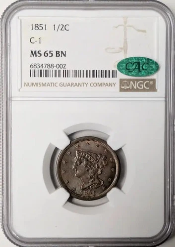 1851 Half Cent 1/2c NGC MS-65 BN CAC C-1
