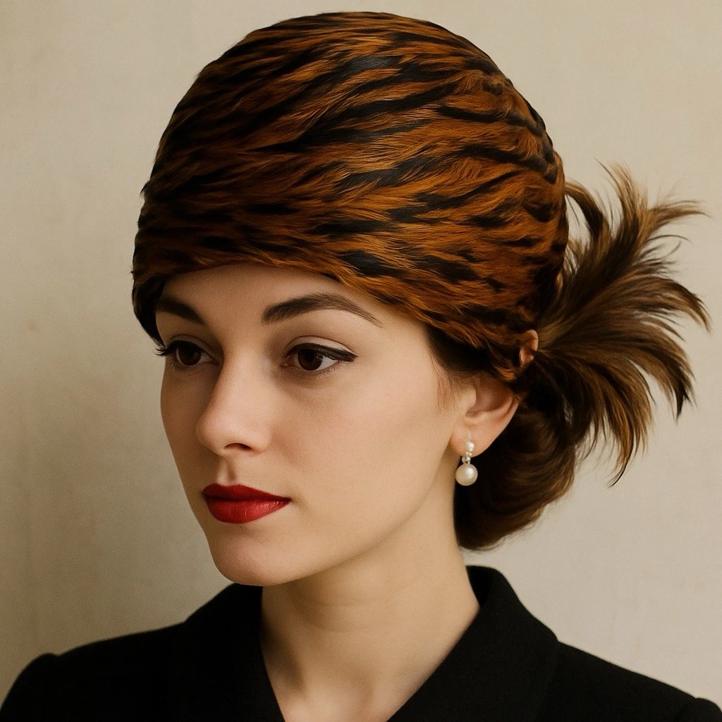 Vintage 1950s Feather Hat – Brown & Black Millinery Cloche with Tail Accent Vintage Brown Velvet Hat With Feathers, 1950s Evening  main image 4