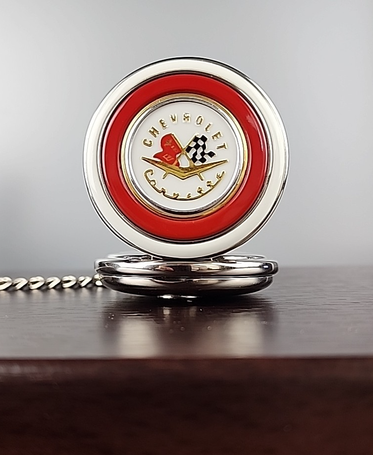 Franklin Mint 1957 Corvette Pocket Watch 52mm Leather Case and 12