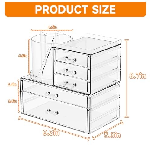 2 Pack Clear Make up Organizers for Vanity,5 Drawers Acrylic Skin Care - Bild 3 von 6